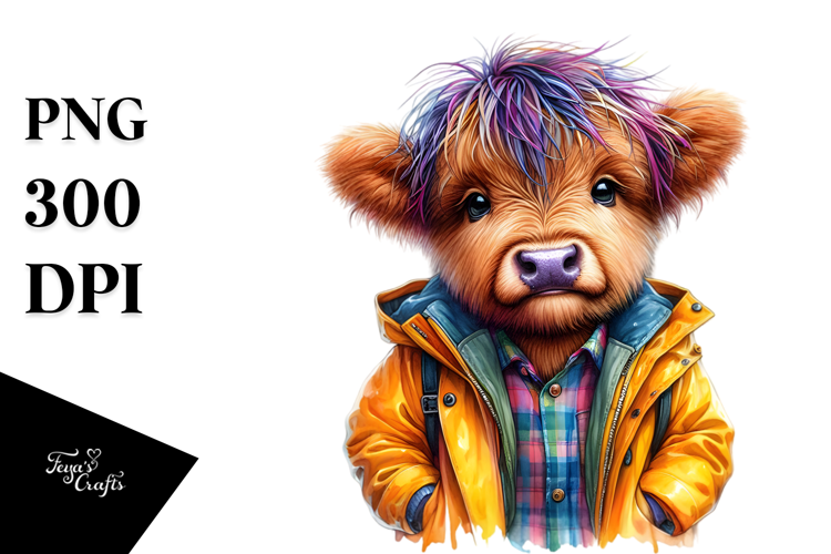 Goofy Baby Highlandcow with Raincoat PNG