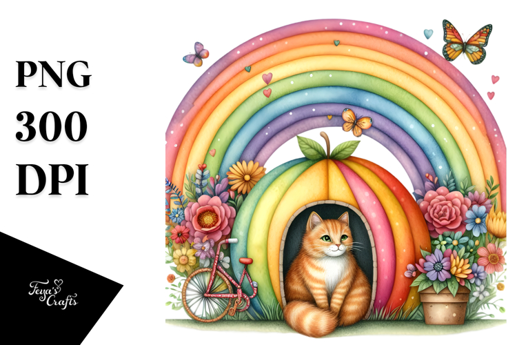 Cat House with Striking Rainbow and Flower | Clipart