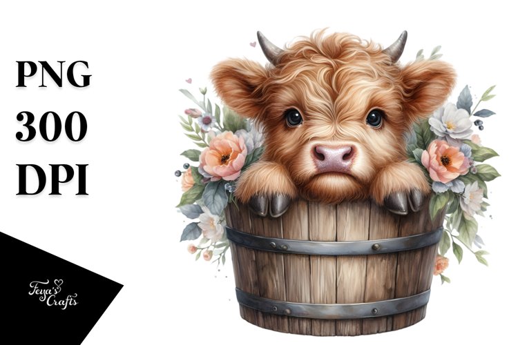 Cute Baby Highland Cow from Wood Bucket, PNG