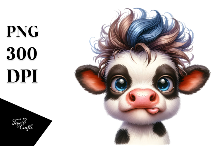 Funny Watercolor Cow with Cool Looking Hair PNG