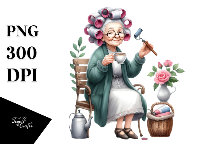 Watercolor Sitting on Bench, Holding Tea Cup | Clipart