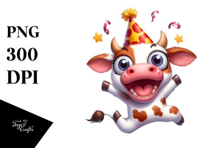 Goofy Cartoon Cow with Party Hat PNG example image 1