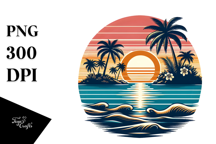 Retro Tropical Island Sunset PNG