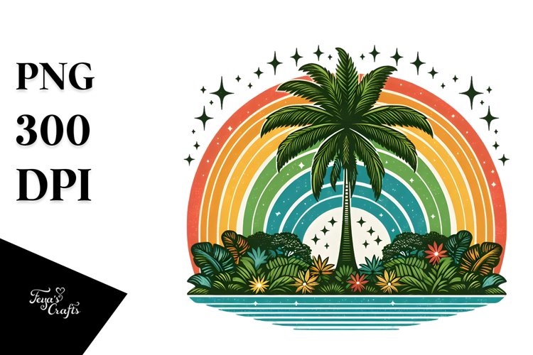 Retro Tropical Tree Rainbow, PNG