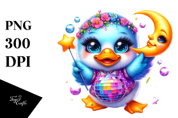 Baby Duck with Disco Ball Outfit and Smiling Moon PNG
