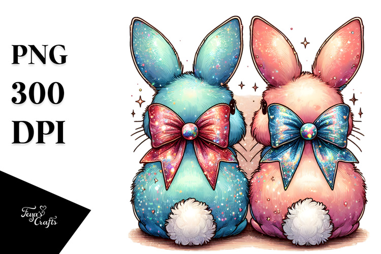 Colorful Vintage 2 Bunnies with Glittery Bow PNG