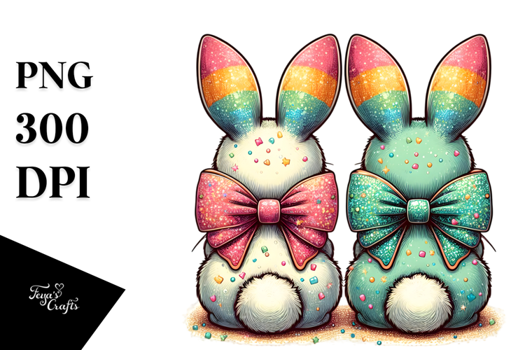 Colorful Vintage 2 Bunnies with Glittery Bow PNG