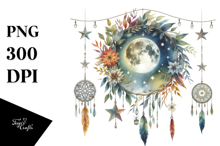 Vibrant Watercolor Boho Moon with Foliage Stars | Clipart