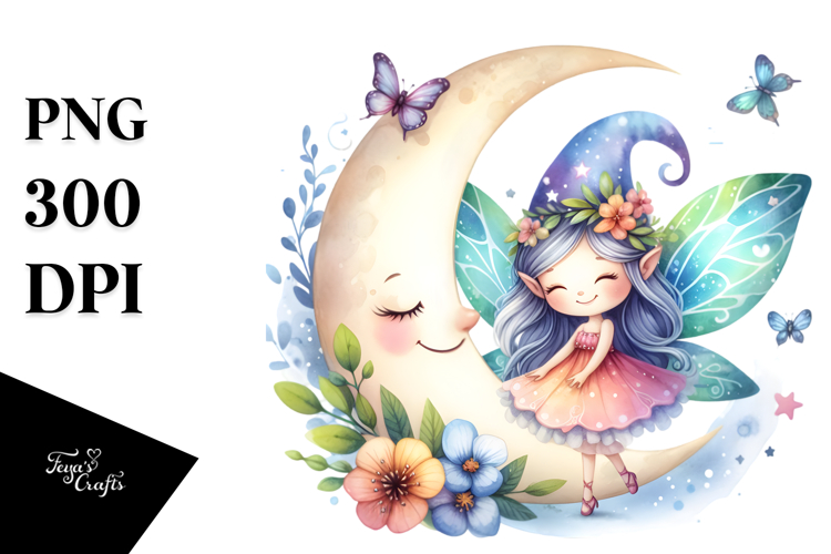 Colorful Watercolor Cute Fairy with Smiling Moon | Clipart