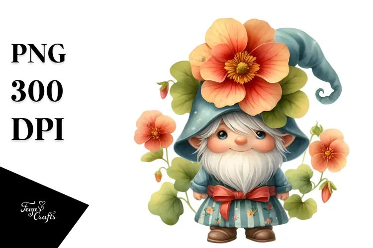 Cute Gnome with Nasturtium Floral Ornament PNG