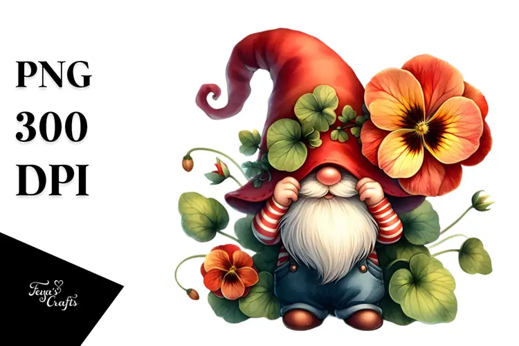 Cute Gnome with Enthusiastic Floral Ornament PNG