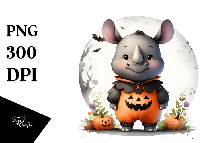 Cute Baby Rhino Halloween Watercolor PNG