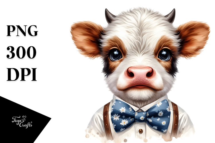 Funny Baby Cow with Bow and Tie PNG