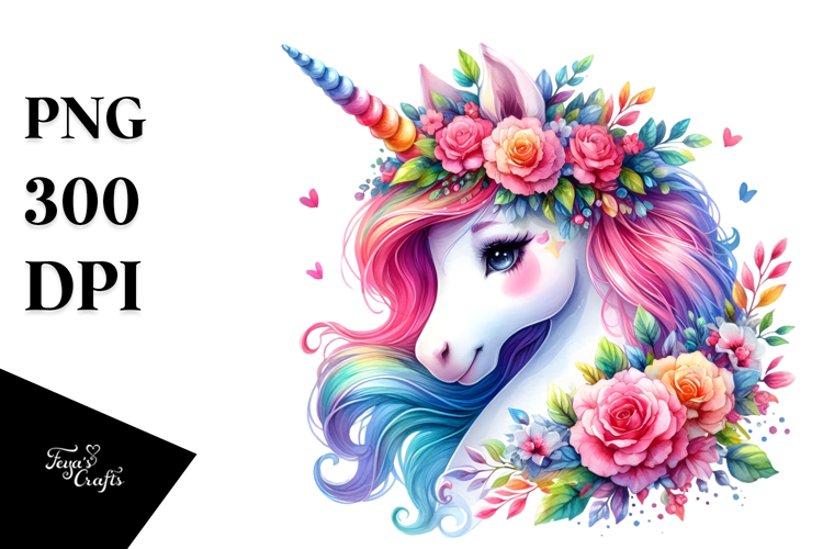 Vibrant Unicorn with Floral Wreath, Transparent PNG