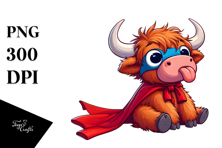 Ridiculously Cute Highland Cow with Superhero Cape PNG