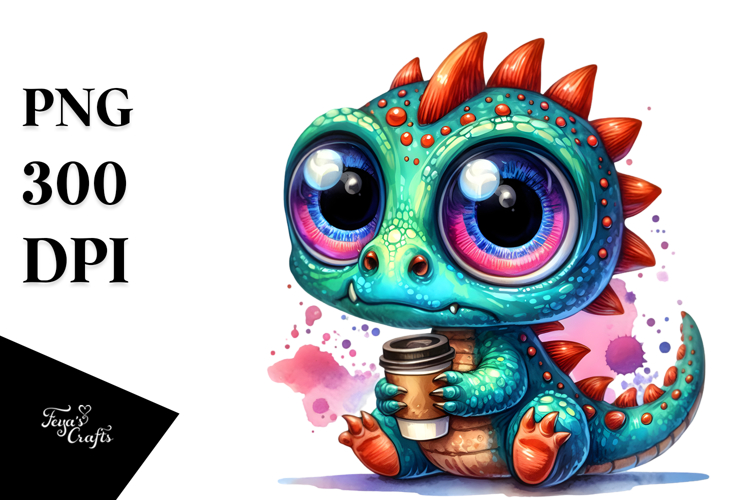 Adorable Baby Dinosaur with Coffee Cup PNG