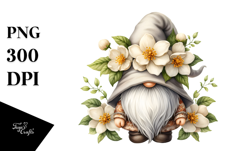 Watercolor Cute Gnome with Jasmine PNG example image 1