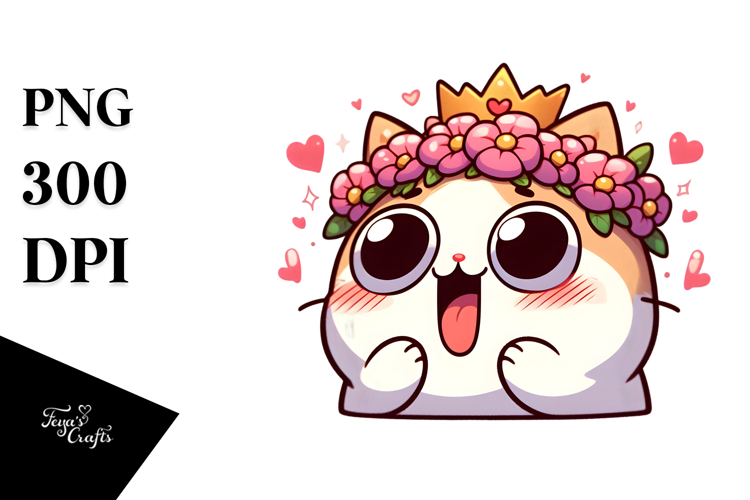 Cute Cartoon Cat with Flower Crown PNG