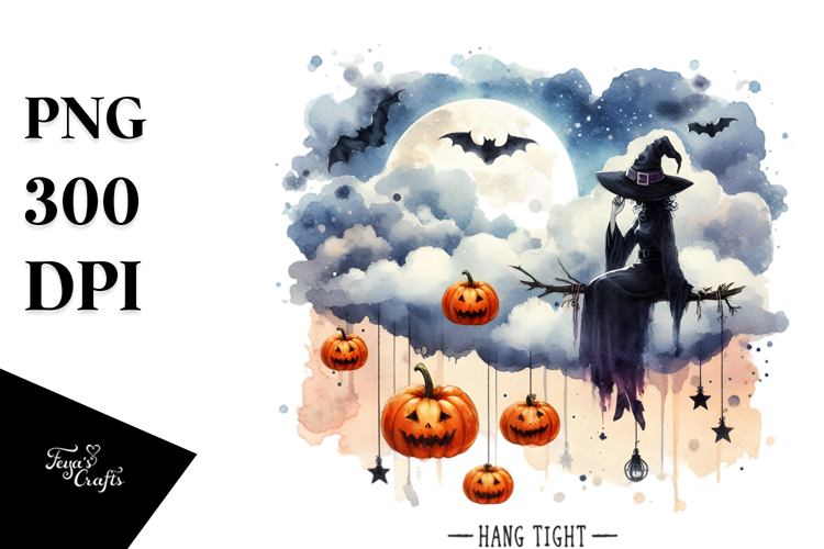 Witch on Cloud with Pumpkins PNG