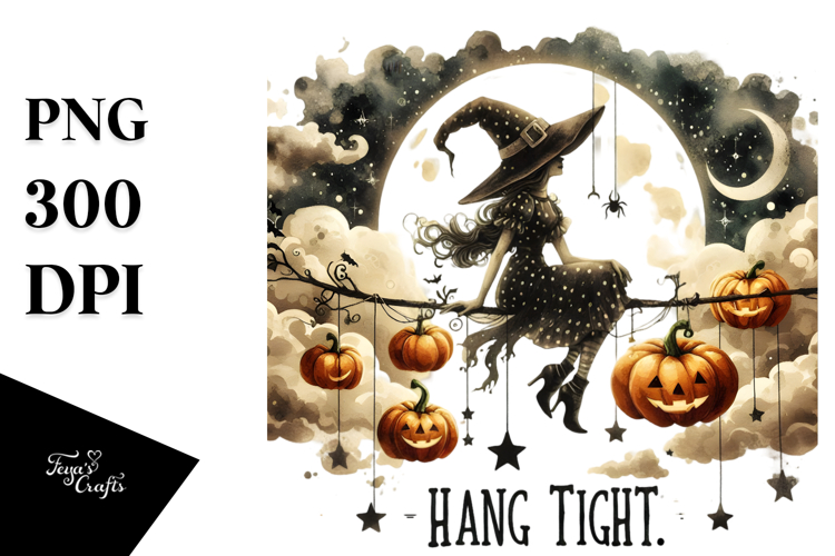 Witch on Cloud with Pumpkins PNG