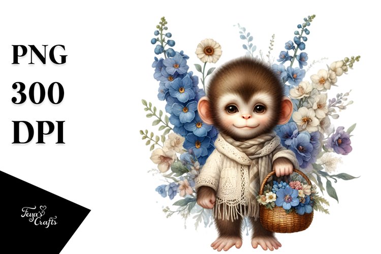 Detailed Boho Baby Monkey Delphinium Bouquet Clipart