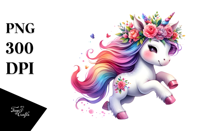Running Unicorn with Floral Wreath, Transparent PNG