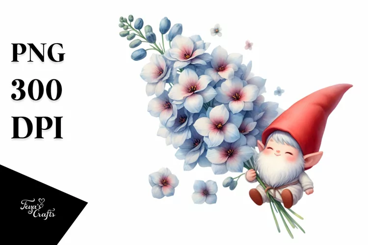 cute gnome with large delphinium