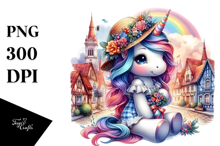 Colorful Baby Unicorn in Village Square