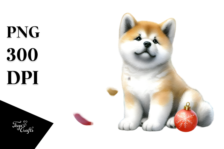Cute Akita with Christmass Globes PNG