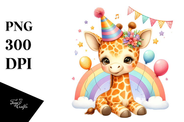 Energetic Baby Giraffe with Party Hat, High-Res PNG