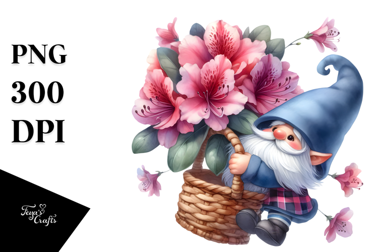 Watercolor Cute Gnome with Rhododendron, White Background