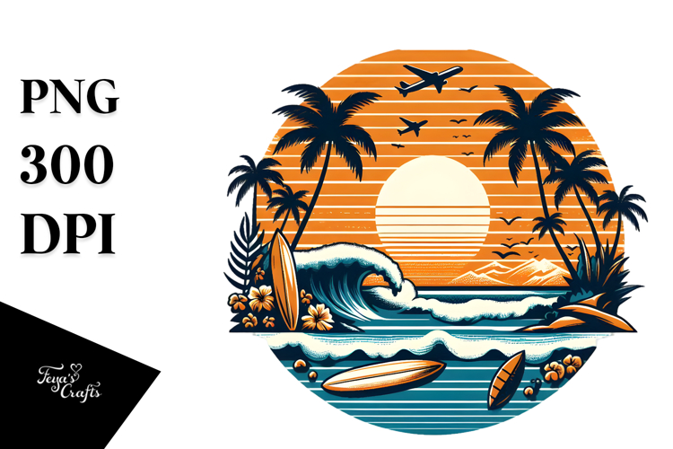 Retro Tropical Beach Surf, Vector Clipart