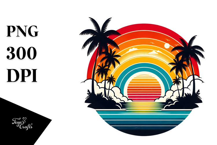 Retro Tropical Rainbow Sunset PNG