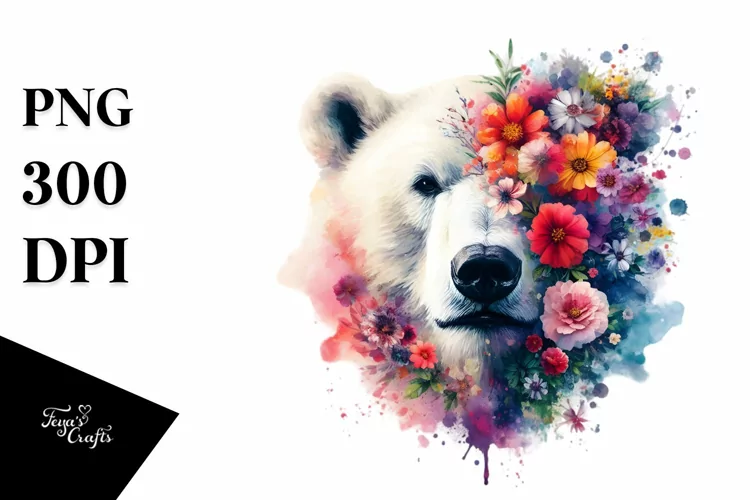 Artistic Polar Bear Half Made of Flowers | Sublimation |