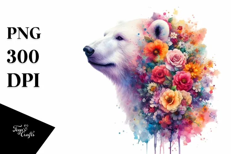 Artistic Polar Bear Half Made of Flowers | Sublimation |