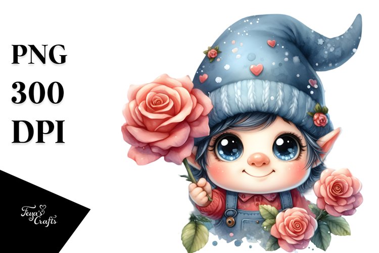 Small Gnome with Rose, Watercolor Splash PNG