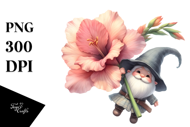 Cute Watercolor Gnome with Gladiolus PNG