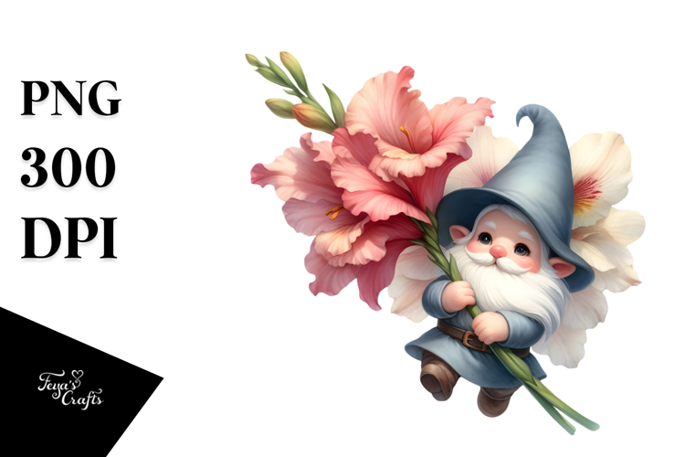 Cute Watercolor Gnome with Gladiolus PNG