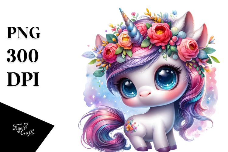 Cute Baby Unicorn with Floral Wreath PNG