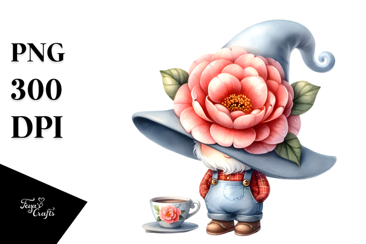 Gnome with Camellia and Cup PNG
