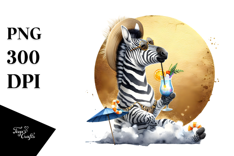 Happy Zebra in Beachwear with Cocktail PNG