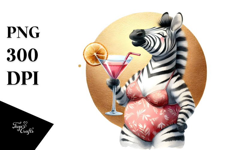 Happy Zebra in Beachwear with Cocktail PNG
