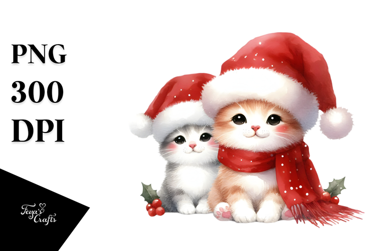 Cute Watercolor Cat with Santa Hat PNG