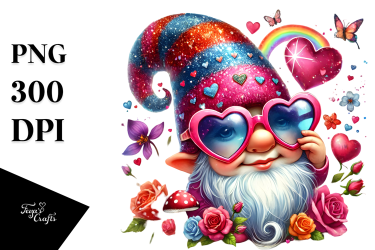Valentines Gnome with Heart Sunglasses PNG