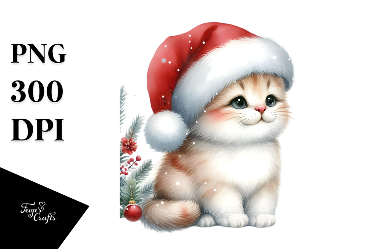 Cute Watercolor Cat with Christmas Decorations PNG
