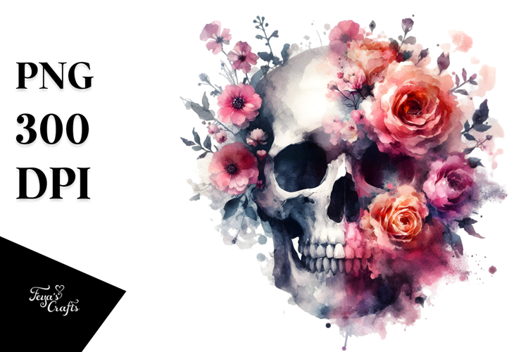 Grungy Skull Half Flowers PNG