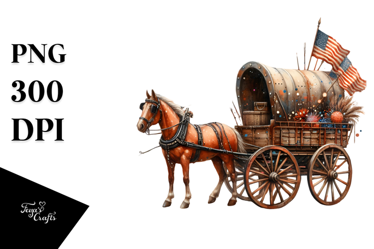 Vintage Rusty Horse Wagon, USA Flag Colors PNG