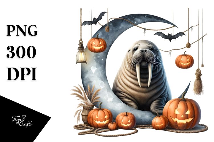 Watercolor Walrus in Halloween Style PNG