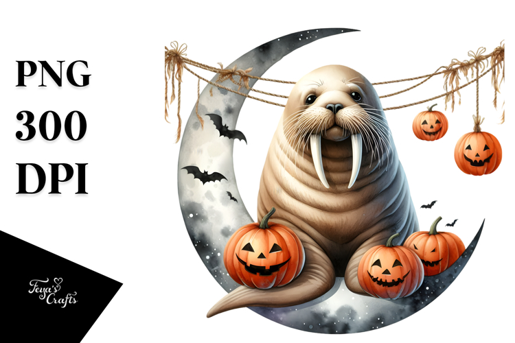 Watercolor Walrus in Halloween Style PNG