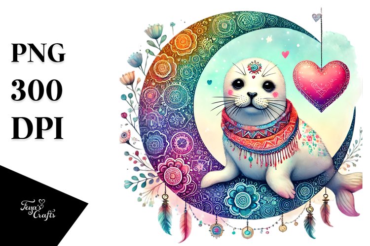 Boho Seal on Moon, PNG
